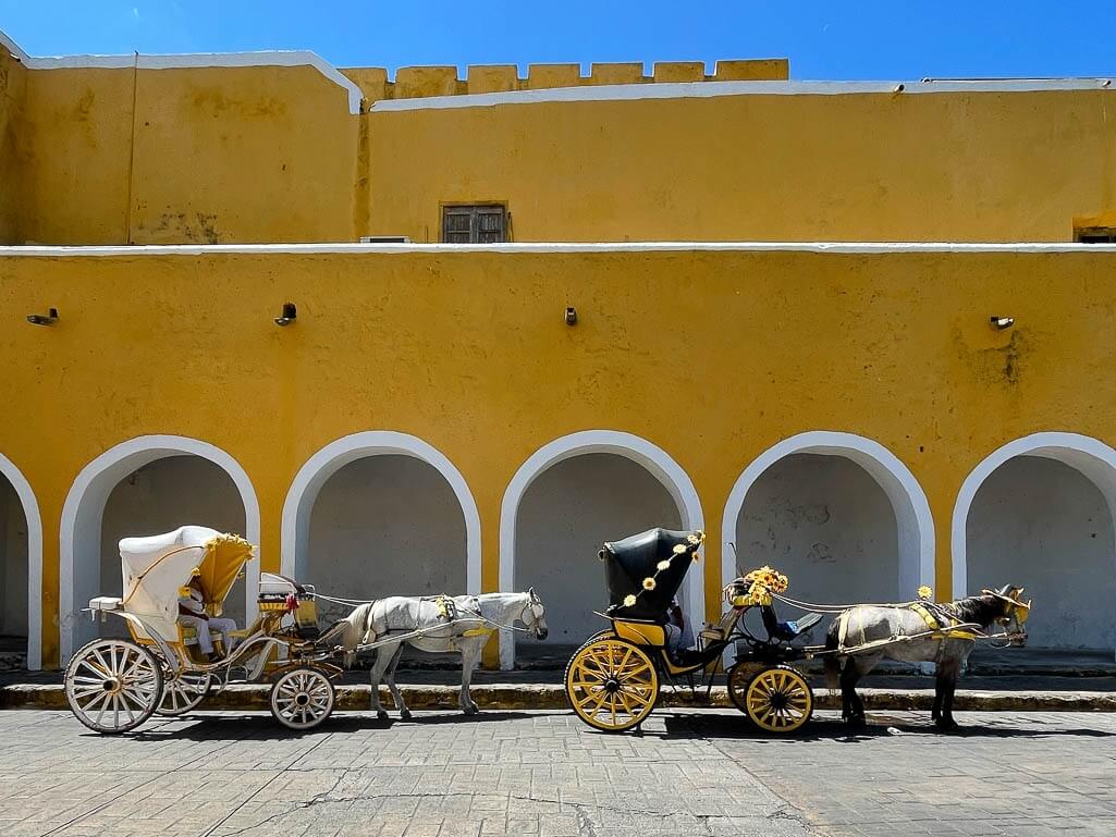 horse and carriage in front of yellow building with arches