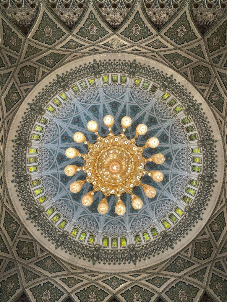 beautiful ceiling and lights in Muscat mosque