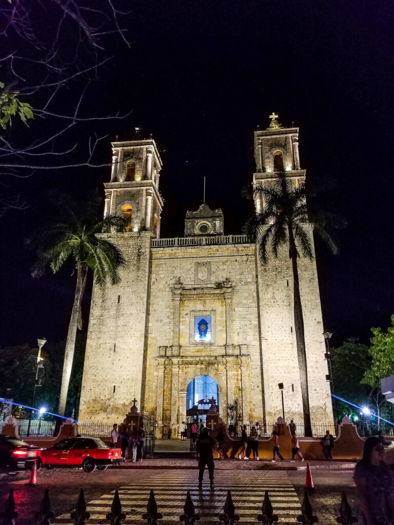 Colonial style church lit up at night