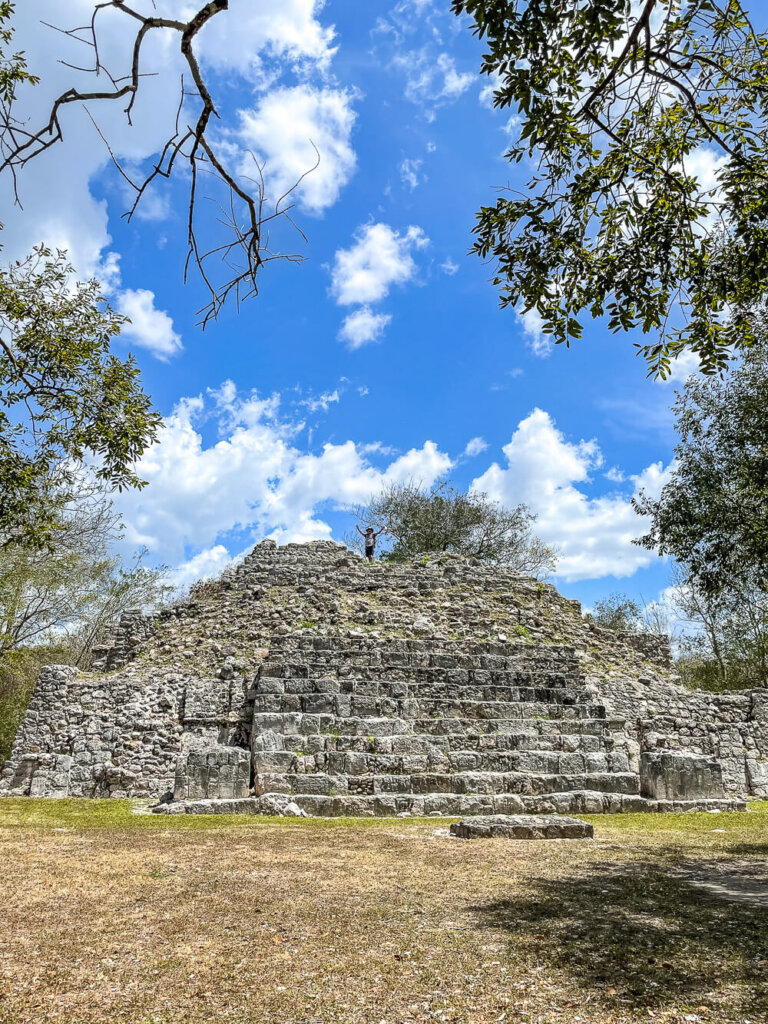 A man with his hands in the air stands on top of an ancient stone pyramid surrounded by trees