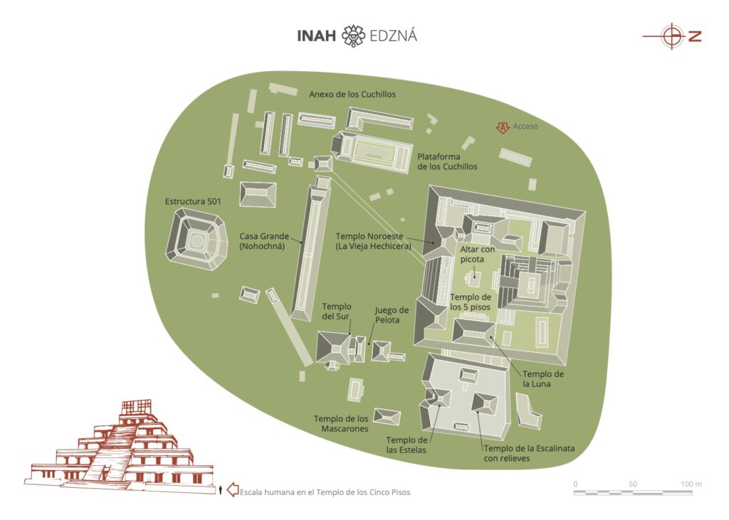 A site map of ruins with drawings of pyramids on a green background, a brick-colored drawing of a pyramid on the lower left corner, a scale on the lower right corner, a north arrow on the upper right corner, and a title INAH Edzna at the middle top