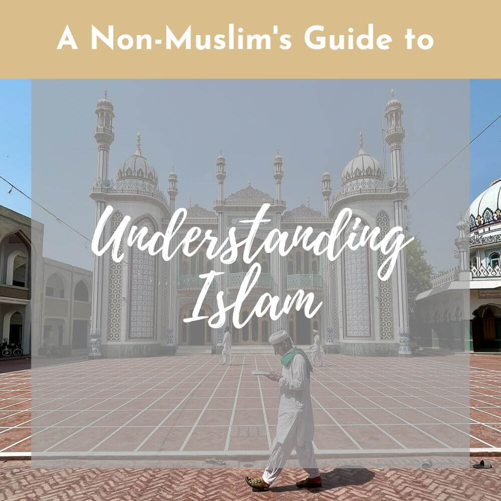 Text in a gold colored band on top of the pic: A Non-Muslim's Guide to
A light grey semi-transparent box with white script: Understanding Islam
Overlaid over a photo of a man in a white robe reading a book while walking in front of a blue and white mosque 