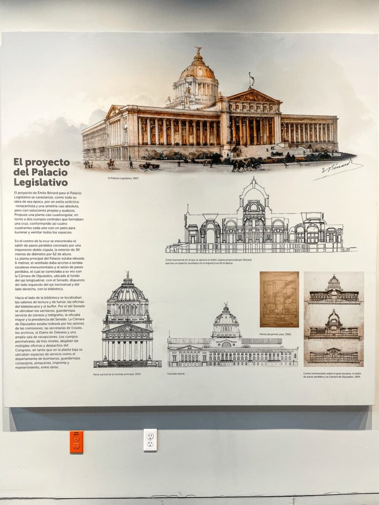 White poster with images of a building and explanatory text.