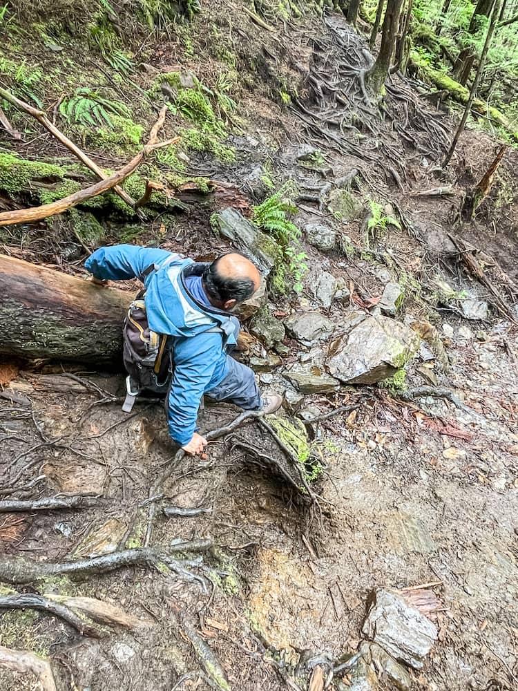 A man in a blue jacket climbs down a steep rocky trail.