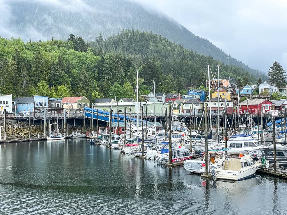 View from the water of a harbor with boats and a town with colorful buildings, set against the backdrop of a lush forested hill. 