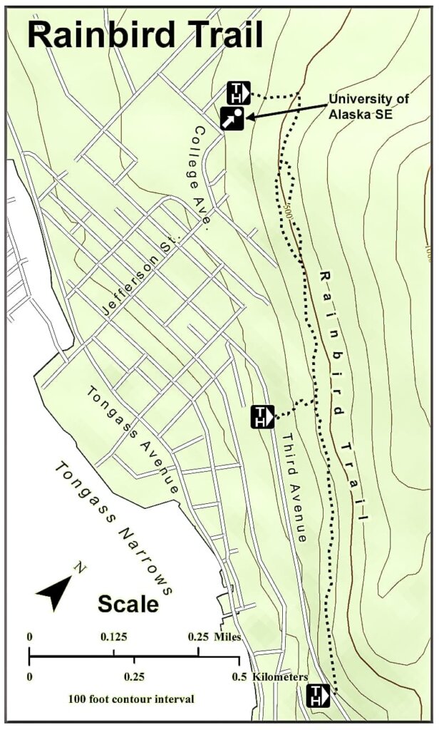 Green and white map of the Rainbird trail