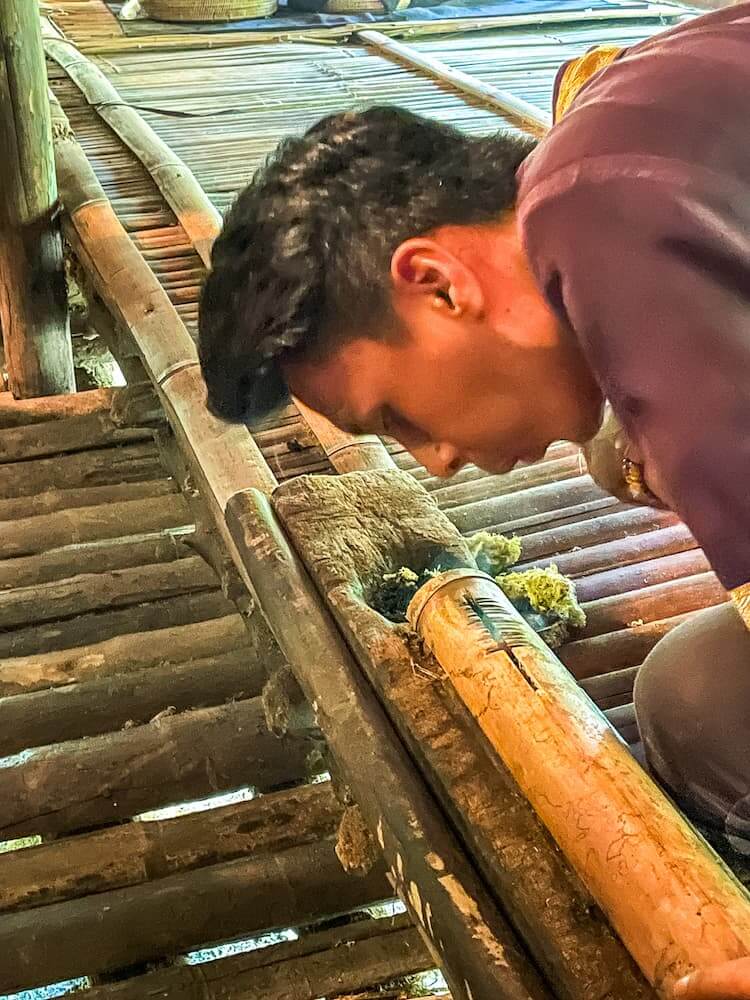 A man in a brown shirt bends over and blows on a piece of moss on a wooden plank. 