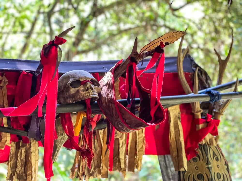 A decorative display of red ribbons and a skull.