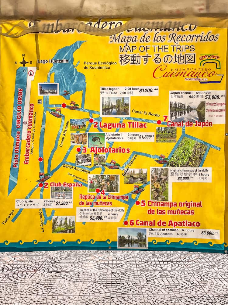 A large yellow sign shows a map of a network of canals, with main attractions in red letters. 